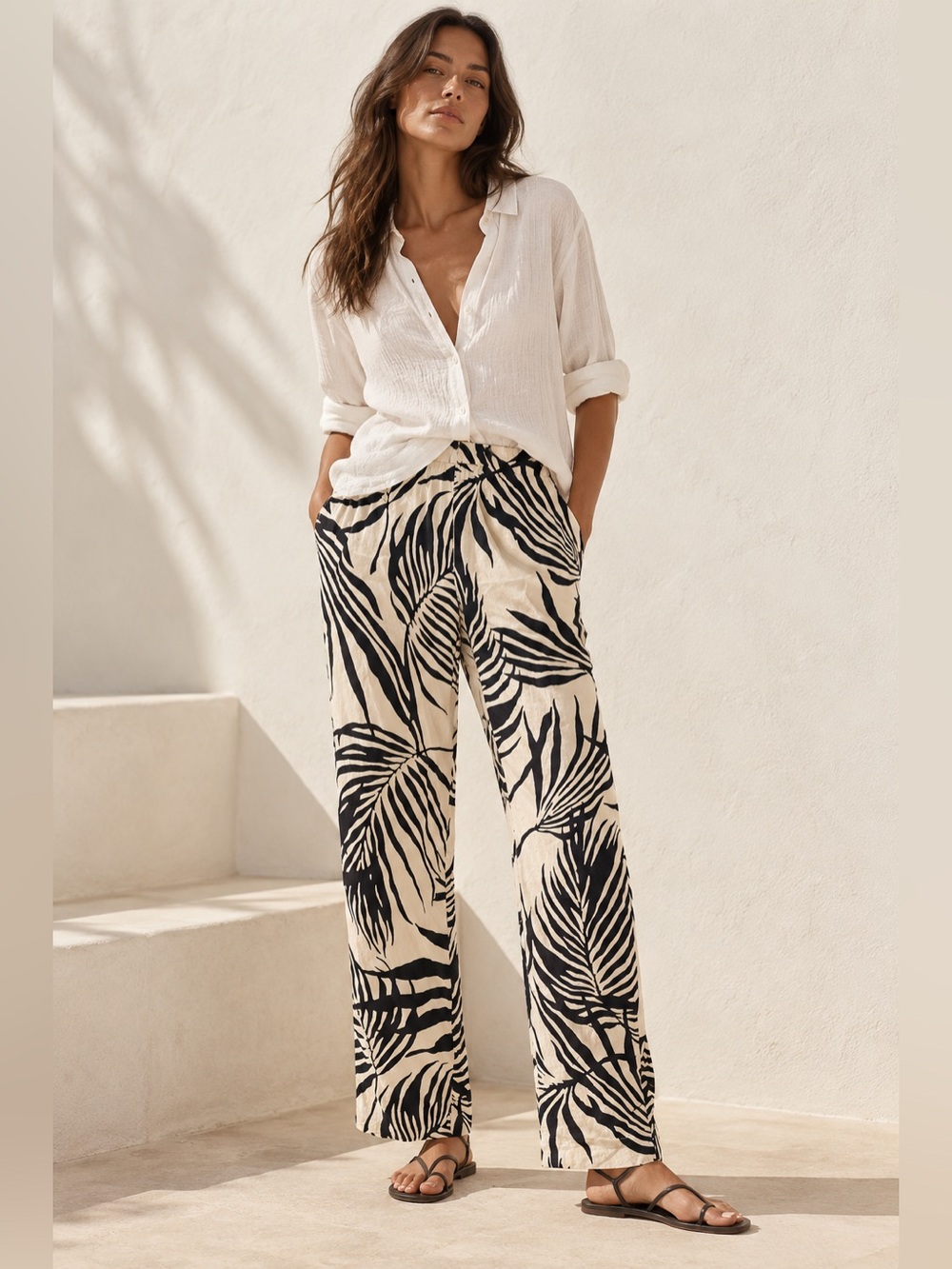 AYR Flow State Silk Blend Straight Leg Pants Black Ivory Palm Print XL